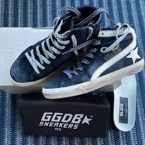 Sz 38 Golden Goose Navy Suede & Denim Slides